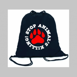 stop animal killing! ľahké sťahovacie vrecko ( batôžtek / vak ) s čiernou šnúrkou, 100% bavlna 100 g/m2, rozmery cca. 37 x 41 cm